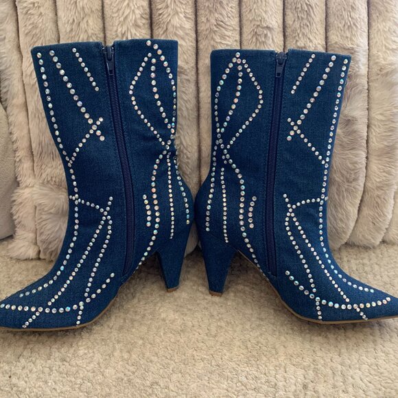Blue Denim Jeweled Boots - Picture 2 of 4